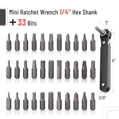 Bates Choice Mini Ratchet Set, 34 pcs, Cr-V Steel, 1/4" Low Profile Right Angle Screwdriver, 1/4 Bit Set, Red Storage Box, Screwdriver Bit Sets
