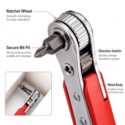 Right Angle Ratchet Screwdriver, 1pc Steel Manual Tool for Narrow Spaces - Forward/Reverse Switch, Non-Motorized, Red Handle for Electronics, Cars, Furniture Repair.