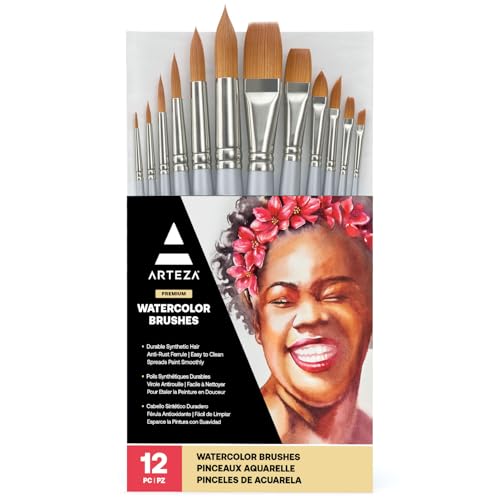 ARTEZA Watercolor Brushes, Set of 12, Synthetic Hair, Assorted Shapes - style: Watercolor Set