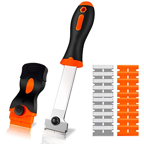 Heavy-Duty & Gentle Scraper Duo Kit | 2-in-1 Metal & Plastic Scraper Set with 20 Blades | Perfect for DIY, Kitchen Stovetop, Window Decals, Bathroom Caulk & Paint Removal - size: Long-handle