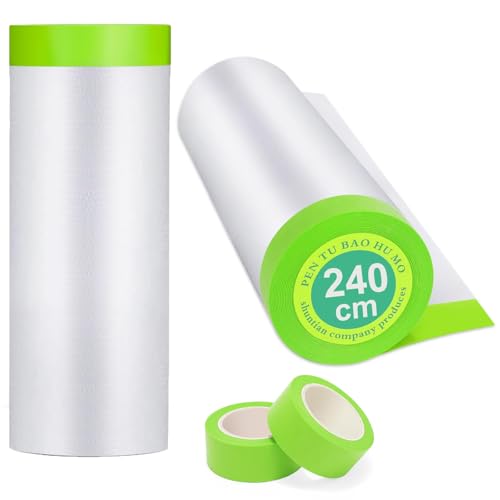 Pre-Taped Masking Film for Painting - 95" x 50' Painters Plastic Sheeting with Automotive Paint Tape and Drape for Covering Cars, Walls, Windows and Furniture Protection (2 Rolls) - size: 95in x 50ft 2Rolls