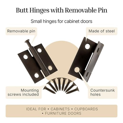 Antique Brass Butt Hinges with Removable Pin - 1-1/2" x 1-1/2" - Pack of 2 - Cabinet Door Hinges - UA-266-HAB (1) - color: Antique Brass