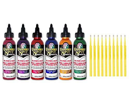 Unicorn SPiT Gel Stain & Glaze Sparkle Collection: 4 oz Bundle with 10 Trebbies Detail Sticks (Dolly Firebird, Golden Gosling, Lavish Lovebirds, Sapphire Swift, Starling Sasha, Violet Vulture)
