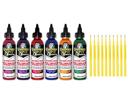 Unicorn SPiT Gel Stain & Glaze Sparkle Collection: 4 oz Bundle with 10 Trebbies Detail Sticks (Dolly Firebird, Golden Gosling, Lavish Lovebirds, Sapphire Swift, Starling Sasha, Violet Vulture)