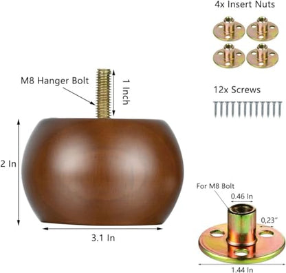 4PCS Wood Furniture Legs 2 inches Furniture Legs with Bolt Walnut Sofa Legs Couch Legs Replacement for Legs for Piano Bench, Chest-Turned-Coffee Table (Round Walnut) - color: Round Walnut