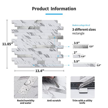 Art3d Faux Stone Peel & Stick Backsplash Tile, 10 pcs, Plain White Marble - color: White Slate with Silver Studded, size: 13.4" x 11.8"