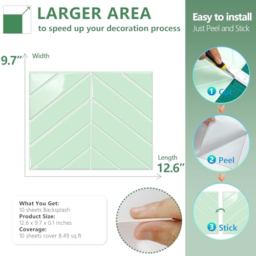 STICKGOO Herringbone Peel and Stick Backsplash, Light Green, 10 Sheets - color: Light Green, size: Pack of 10