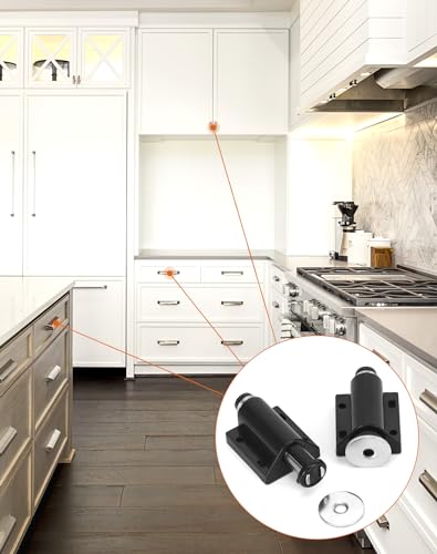 QWORK Magnetic Touch Latch -20 Pack Black Push-to-Open Magnetic Catches for Home Furniture, Glass & Wardrobe Doors, Single Round Magnetic Head - 56mm Extended Length with Mounting Screws