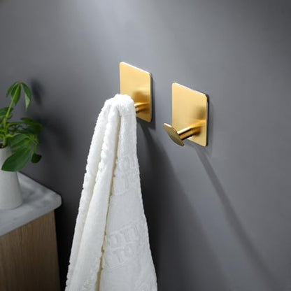 DELITON Gold Towel Hooks- 4 Pack Adhesive Hook for Coat Robe Clothes Stick on Bathroom Wall Brushed Gold Finish Heavy Duty, Stainless Steel - color: Gold-4