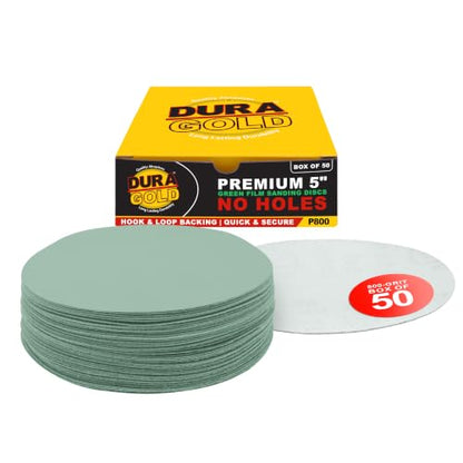 Dura-Gold 5" Green Film Sanding Discs, 800 Grit, Box of 50, Hook & Loop - size: 800-Grit