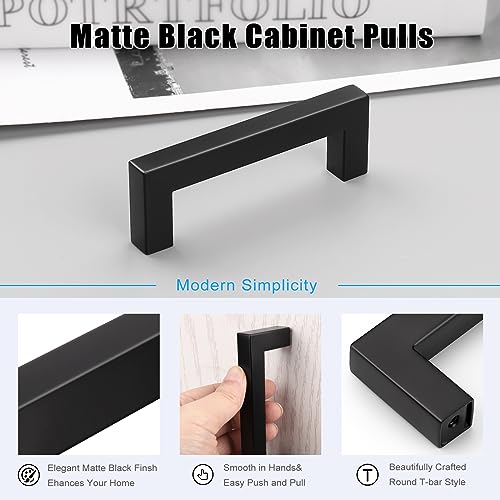 KNOBWELL 20 Pack| 3 inch Black Kitchen Cabinet Handles, Stainless Steel Cabinet Pulls 76mm, Matte Black Cabinet Handles for Dresser Drawer Cupboard Closet Nightstand - color: Matte Black, size: Hole Center:3 inch(76mm)
