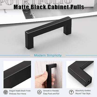 KNOBWELL 20 Pack| 3 inch Black Kitchen Cabinet Handles, Stainless Steel Cabinet Pulls 76mm, Matte Black Cabinet Handles for Dresser Drawer Cupboard Closet Nightstand - color: Matte Black, size: Hole Center:3 inch(76mm)
