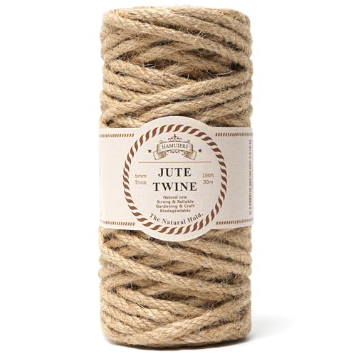 5mm Jute Twine 100ft, Heavy Duty Thick Jute Rope for Cat Tree Repair, Gardening, Climbing Plants, Sturdy Burlap Cord for Macrame Hanging Baskets & Baby Shower (Brown) - size: 5mm