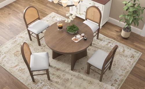 5-Piece Extendable Dining Table Set with 4 Rattan Back Chairs, Walnut - color: Beige,walnut