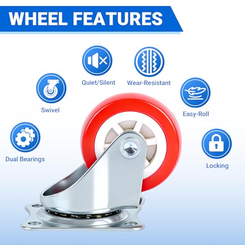1.5 Inch Caster Wheels Set of 4, 4 Swivel, Red PU, Plate Mount - size: 1.5 Inch