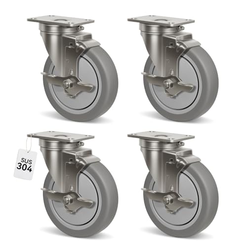 5" Caster Wheels, Stainless Steel Casters Set of 4 Heavy Duty, Anti-Corrosion Rubber Industrial Caster Wheels for Hospitals Food Labs(4 Brake) - style: 4 Brake