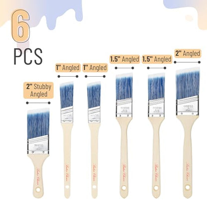 Bates- Paint Brushes, 6 Pack, 1", 1.5", 2" Angle Brushes, Wooden Handle