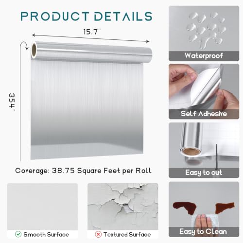 VEELIKE Stainless Steel Contact Paper Large Size 15.74x354.33 inches Wallpaper Peel and Stick Removable Temporary Adhesive Wall Paper for Dishwasher Refrigerator Washing Machine Metal Furniture - size: 15.7" x 354.3"