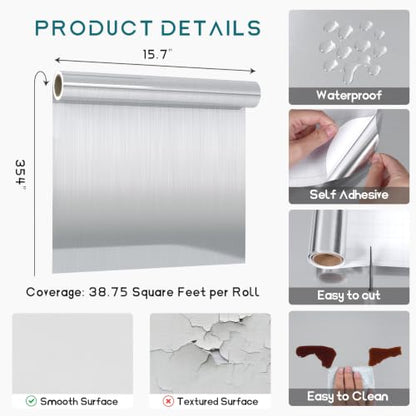 VEELIKE Stainless Steel Contact Paper Large Size 15.74x354.33 inches Wallpaper Peel and Stick Removable Temporary Adhesive Wall Paper for Dishwasher Refrigerator Washing Machine Metal Furniture - size: 15.7" x 354.3"
