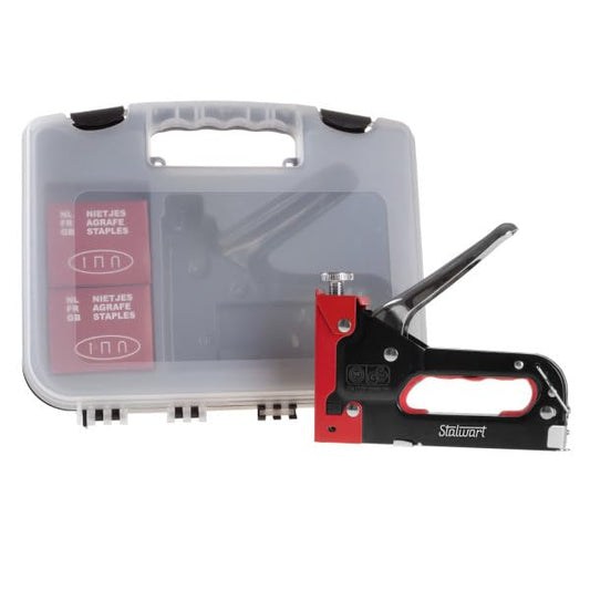 Heavy Duty Staple Gun for Wood Carpentry, DIY Crafts, or Furniture Upholstery Stapler with Staples - 3-Way Heavy Duty Stapler Gun with Carrying Case and 3 Types of Staples Included by Stalwart (Red) - color: Red
