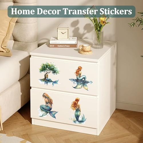 WANDIC 3 Sheets Rub on Transfers for Crafts,Retro Mermaid Theme Scrapbooking Stickers Furniture Transfers Journal Stickers Flower Pattern Decals for DIY Water Bottle Window,15 * 30cm - color: Retro Watercolor Mermaid