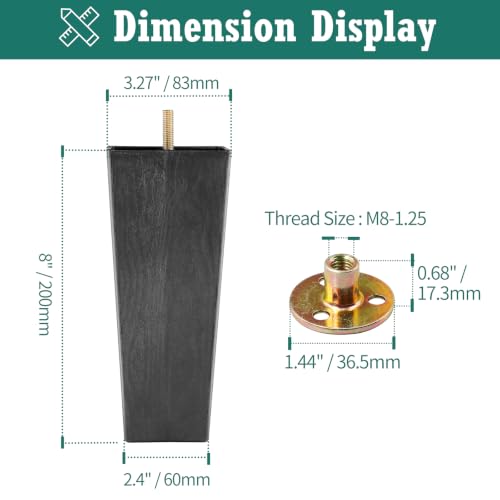 4pcs Plastic Square Legs 8" with Plate Nuts, M8-1.25 Thread - size: 8 Inch, M8-1.25 Metric Bolts