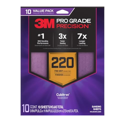 3M Pro Grade Precision Sanding Sheets with No-Slip Grip, 9 x 11 in, 220 Grit, 10-Pack (SHR220-PGP-10T) - style: 220 Grit, 10 Sheets, 9" x 11"