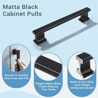 KNOBWELL 6 Pack Matte Black Solid Cabinet Pulls 5 Inch(128mm) Hole Center Kitchen Cabinet Handles,Cabinet Hardware for Cupboard Drawer Pulls - color: Matte Black, size: Hole Center：5 inch（128mm）