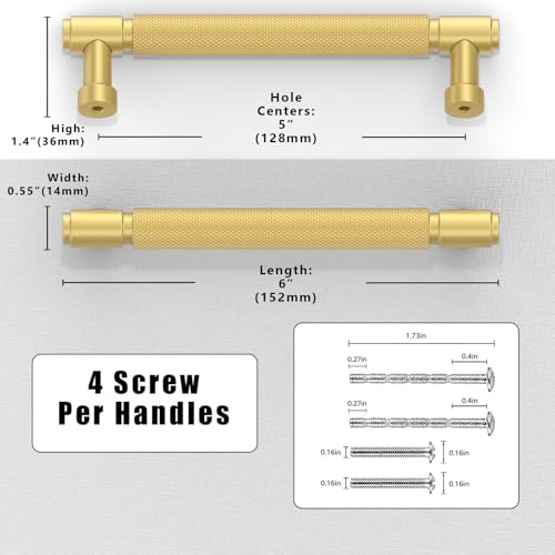 10 Pack Brushed Gold Knurled Cabinet Pulls 5 Inch(128mm) Kitchen Cabinet Handles Cabinet Hardware Drawer Pulls - color: Brushed Gold, size: 5" Hole Center