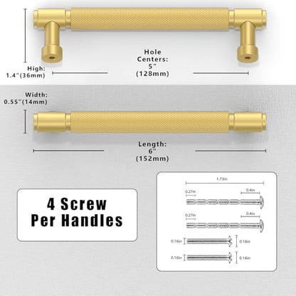 10 Pack Brushed Gold Knurled Cabinet Pulls 5 Inch(128mm) Kitchen Cabinet Handles Cabinet Hardware Drawer Pulls - color: Brushed Gold, size: 5" Hole Center