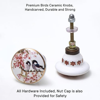 IndianShelf 6 Piece Pink Bird Ceramic Cabinet Knobs Round Gold Drawer Pulls - color: Pink and Golden, size: 6 Knobs