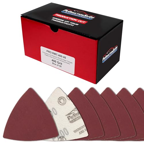 ProductionShop Premium 400 Grit Triangle Mouse Detail Sander Sandpaper Sheets, Box of 45 - Hook & Loop, Triangular Shaped Mouse Disc Pads - Oscillating Multi-Tools - Woodworking, Sand Furniture Paint - style: 400 Grit