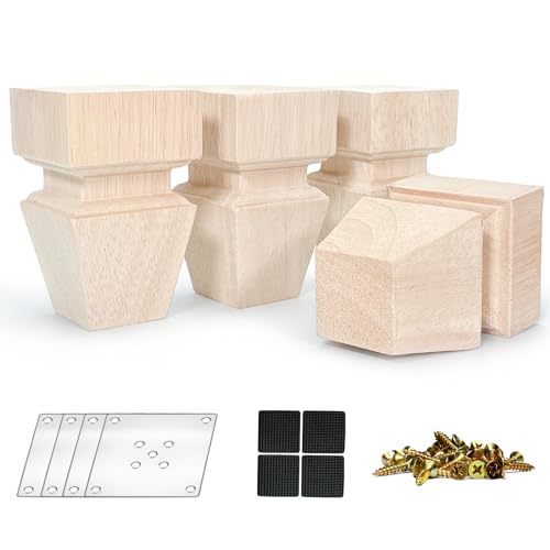 Crapapfert 4 Inch Wooden Furniture Legs, Set of 4 Replacement Solid Wood Unfinished Square Furniture Bun Feet for Couch Chair Sofa Dresser Desk Table Cabinet Bed Bookcase (4inch (with mounting parts)) - size: 4inch (with mounting parts)