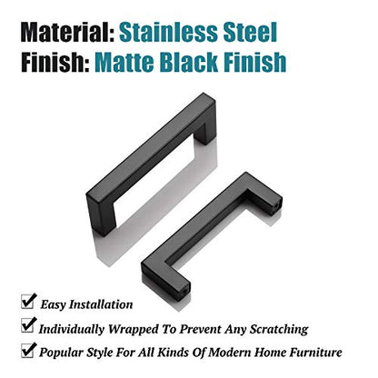 KNOBWELL 6 Pack Black Kitchen Cabinet Pulls, 3-3/4 inch Hole Center Black Square Stainless Steel Dresser Drawer Pulls 4-1/5" Length - color: Matte Black, size: Hole Center:3-3/4 inch(96mm)