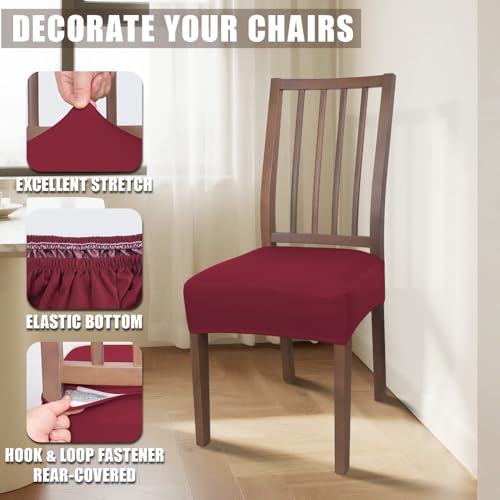 JQinHome Waterproof Dining Chair Seat Covers Set of 4 | Soft Removable Washable Chair Covers for Dining Room,Rear Gap Hook-and-Loop| Elastic Non-Slip, Full Rear Coverage | Wine Red - color: Wine Red, size: 4PC
