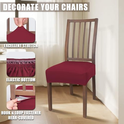 JQinHome Waterproof Dining Chair Seat Covers Set of 4 | Soft Removable Washable Chair Covers for Dining Room,Rear Gap Hook-and-Loop| Elastic Non-Slip, Full Rear Coverage | Wine Red - color: Wine Red, size: 4PC