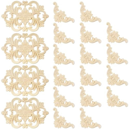 20Pcs Wood Carved Onlays, Unpainted Furniture Cabinet Door Decor Ornaments