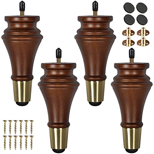 6 inch Solid Wood Furniture Spool Legs with Gold Caps, 4PCS Walnut - color: Walnut, size: 6"/ 15cm