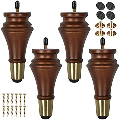 6 inch Solid Wood Furniture Spool Legs with Gold Caps, 4PCS Walnut - color: Walnut, size: 6"/ 15cm