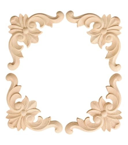 4Pcs Wood Carved Onlay Appliques, Unpainted Wooden Corner Carving Decals - size: 3.94 x 3.94 inches