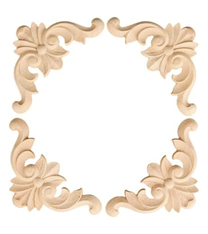 4Pcs Wood Carved Onlay Appliques, Unpainted Wooden Corner Carving Decals - size: 3.94 x 3.94 inches