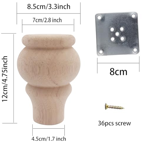 Solid Wood Furniture Legs, Set of 4 - Replacement Bun Feet for Sofa, Chair, Loveseat, Ottoman & Dresser | Unfinished Wooden Feet, Durable & Versatile Design