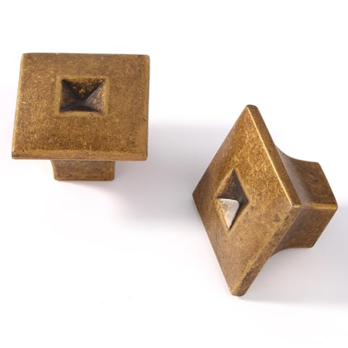 Antique Brass zinc Alloy Solid Cabinet Knobs,Single Hole Drawer Square knob Handles for Cabinets and Dresser Drawers Rustic 6 Pack 7600 - color: Antique Brass, size: 1.18 Inch