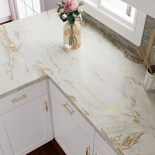 VEELIKE 118''x32'' Wide Matte Gold Beige Marble Contact Paper for Countertops Waterproof Marble Wallpaper Peel and Stick Countertops for Kitchen Bathroom Removable Self Adhesive Countertop Covering - size: 32" x 118"