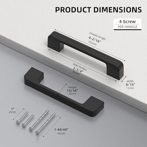 Black Cabinet Handles 3-3/4 Inch Matte Black Cabinet Pulls 10 Pack - color: Black, size: 3-3/4 Inch (96 mm) Hole Centers