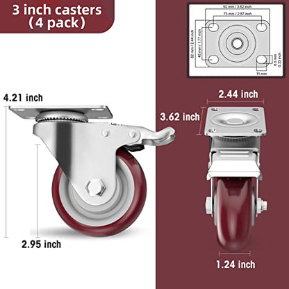 3" Heavy Duty Plate Casters with Brake, Set of 4 - color: Red, size: 3 inch