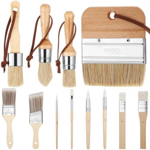 Marsui 12 Pcs Chalk Paint Varnish Brush Furniture Wax Brushes for Waxing Furniture Flat, Angle, Round Paint Brushes with Wooden Handles for Acrylic, Oil, Paint,Watercolor, Gouache and Canvas Painting