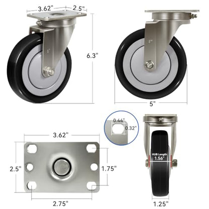 5" Stainless Steel Casters Set of 4 Heavy Duty, Swivel Industrial Caster Wheels, Anti-Corrosion Rust-Proof Plate Polyurethane Casters for Hospitals Food Labs (4 Swivel) - style: 4 Swivel