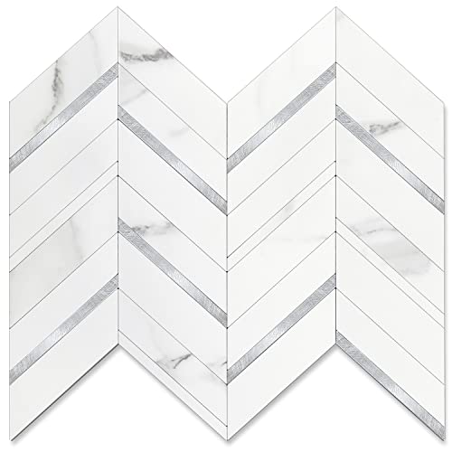 STICKGOO Herringbone Tile Peel and Stick Backsplash for Kitchen&Bathroom - color: White Marble Mixed Silver