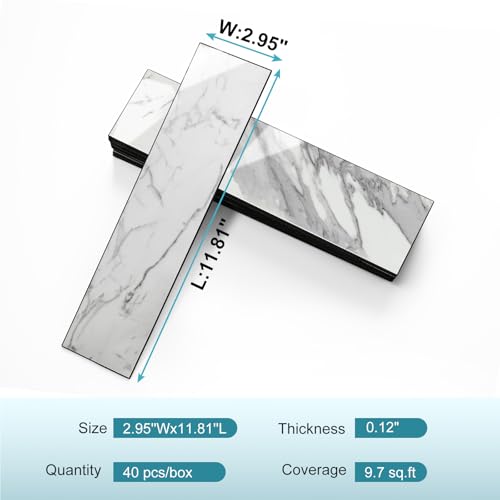Vamos Tile Peel & Stick Backsplash on Subway Tile,40-Pack 3''x12'',Glossy - color: Statury White with Dark Gray Grout